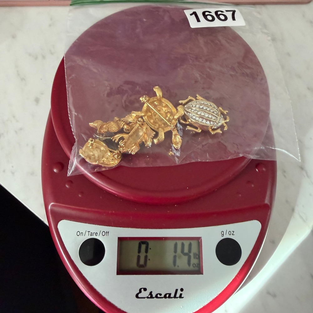 5pc Animal Insect Brooch Pin Set Gold Tone Rhinestone Enamel Owl Frog Turtle Bug - Picture 13 of 13